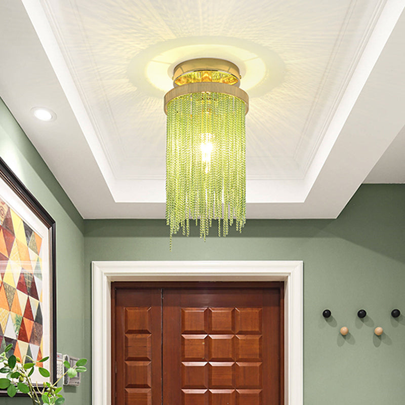 Modern Crystal Strand Semi Flush Ceiling Light - 1 Light Blue/Green/Chrome