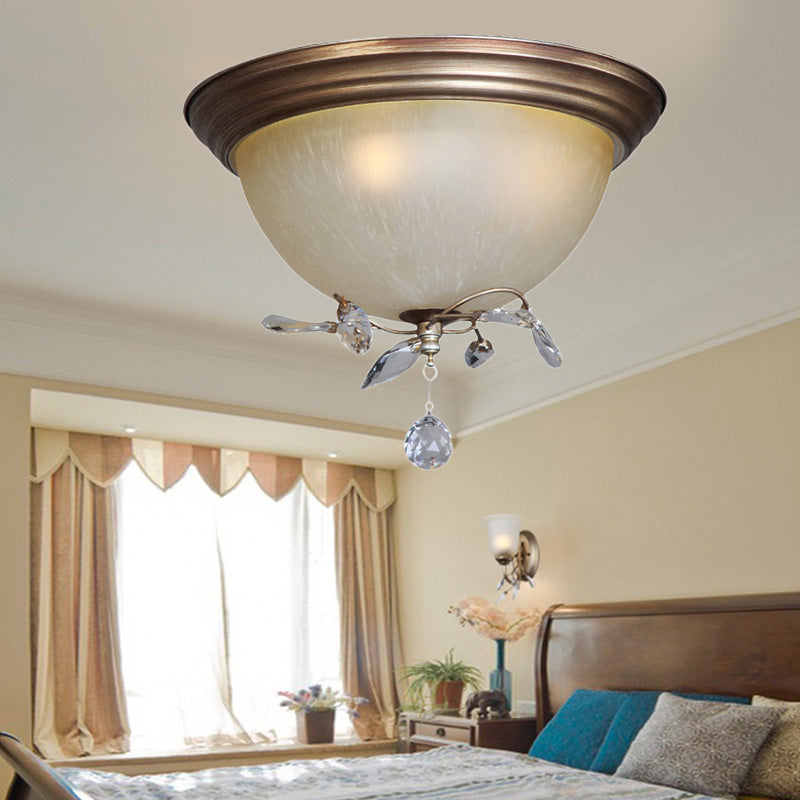 Rustic Dome Ceiling Fixture With Crystal Drop And 3 Glass Shade Lights - Bedroom Flush Mount Light