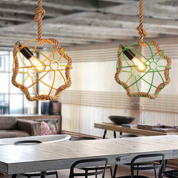 Nautical Style Metal Cage Pendant Light with Adjustable Rope - Pink/Yellow 1-Light Hanging Lamp