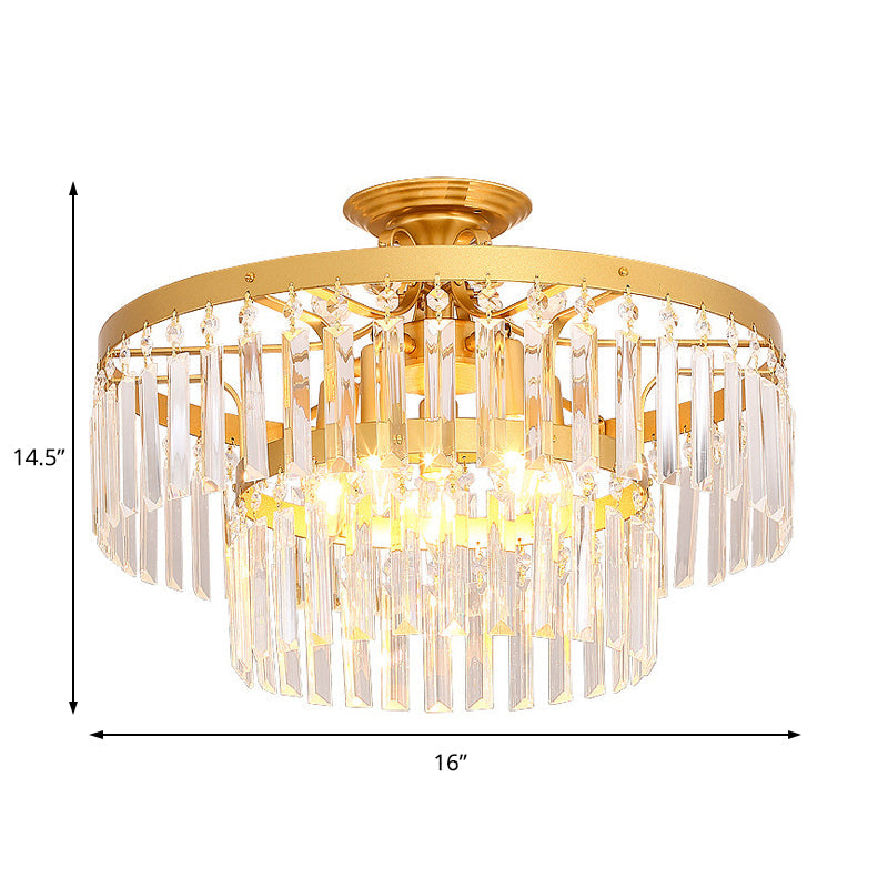 2-Tier Semi Flush Mount Crystal Rod Ceiling Light With 5 Lights Modern Black/Gold Fixture For Living