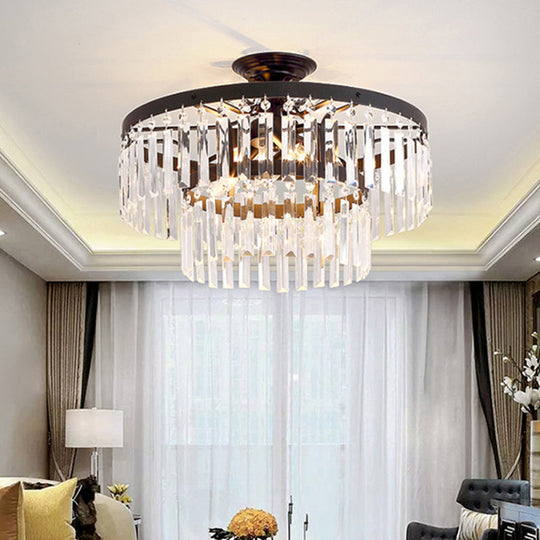 2-Tier Semi Flush Mount Crystal Rod Ceiling Light with 5 Lights, Modern Black/Gold Fixture for Living Room