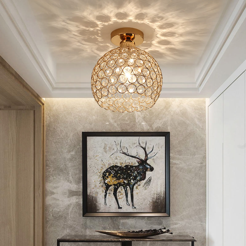 Modern Metal and Crystal Dome Ceiling Fixture - Gold Semi Flush Mount Light for Hallway