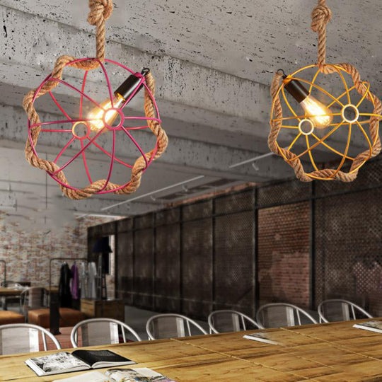 Nautical Style Metal Cage Pendant Light with Adjustable Rope - Pink/Yellow 1-Light Hanging Lamp