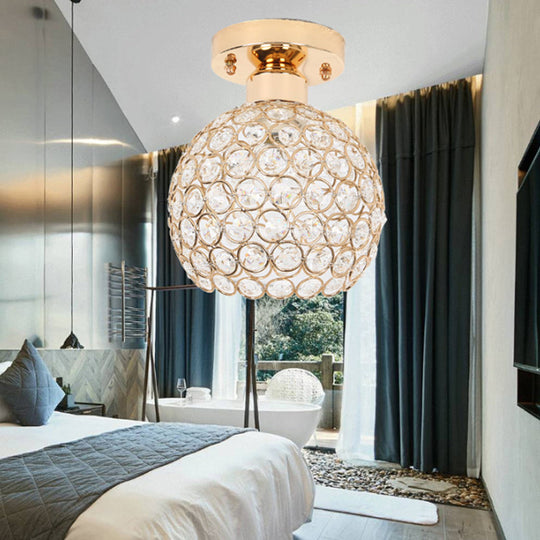 Modern Metal and Crystal Dome Ceiling Fixture - Gold Semi Flush Mount Light for Hallway