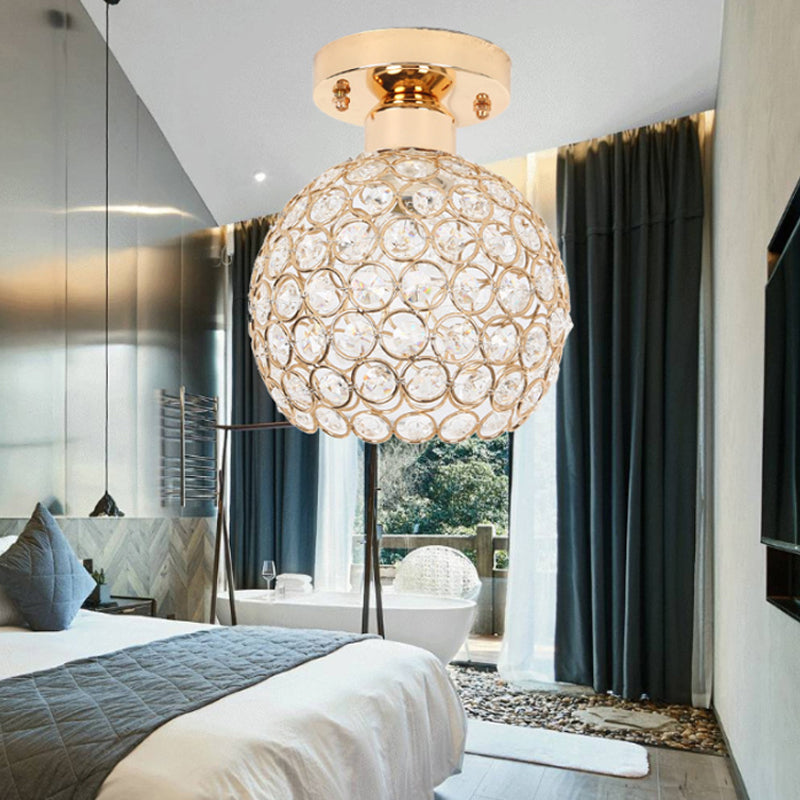 Modern Metal And Crystal Dome Ceiling Fixture - Gold Semi Flush Mount Light For Hallway