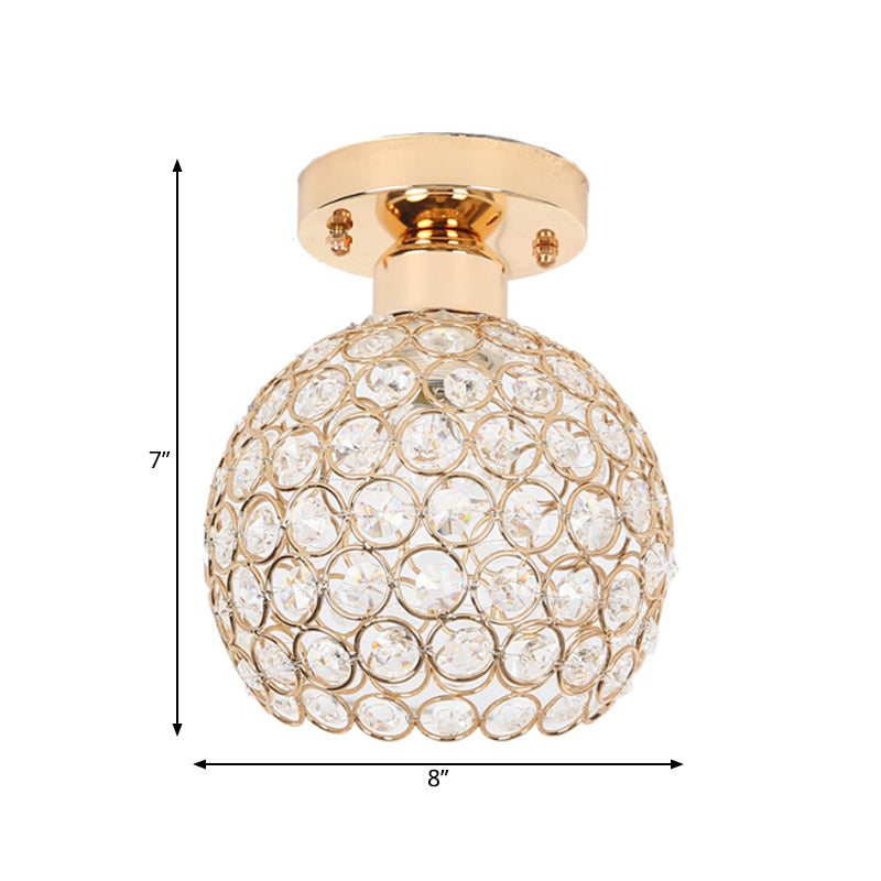 Modern Metal and Crystal Dome Ceiling Fixture - Gold Semi Flush Mount Light for Hallway