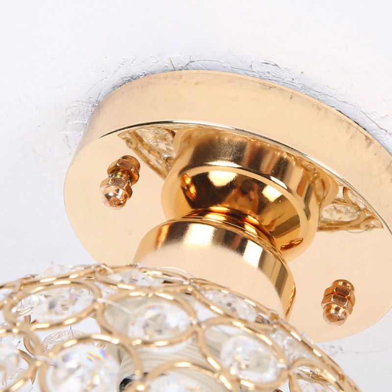 Modern Metal and Crystal Dome Ceiling Fixture - Gold Semi Flush Mount Light for Hallway