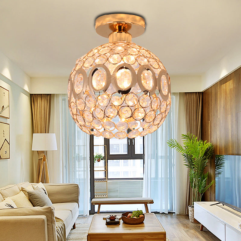 Modern Crystal and Metal Semi Flush Mount Ceiling Light with Gold Dome Shade