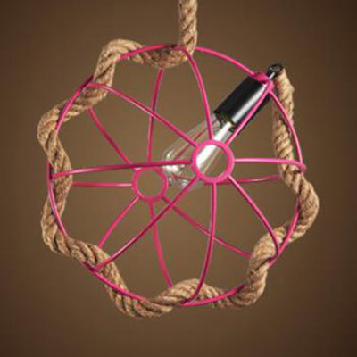 Nautical Style Metal Cage Pendant Light with Adjustable Rope - Pink/Yellow 1-Light Hanging Lamp