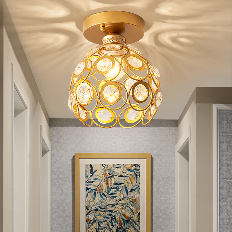 Modern Brass Dome Ceiling Light with Crystal Accent - 1-Light Semi Flush Mount