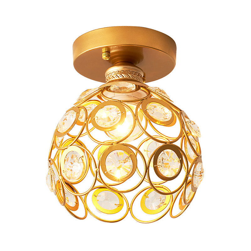 Modern Brass Dome Ceiling Light with Crystal Accent - 1-Light Semi Flush Mount