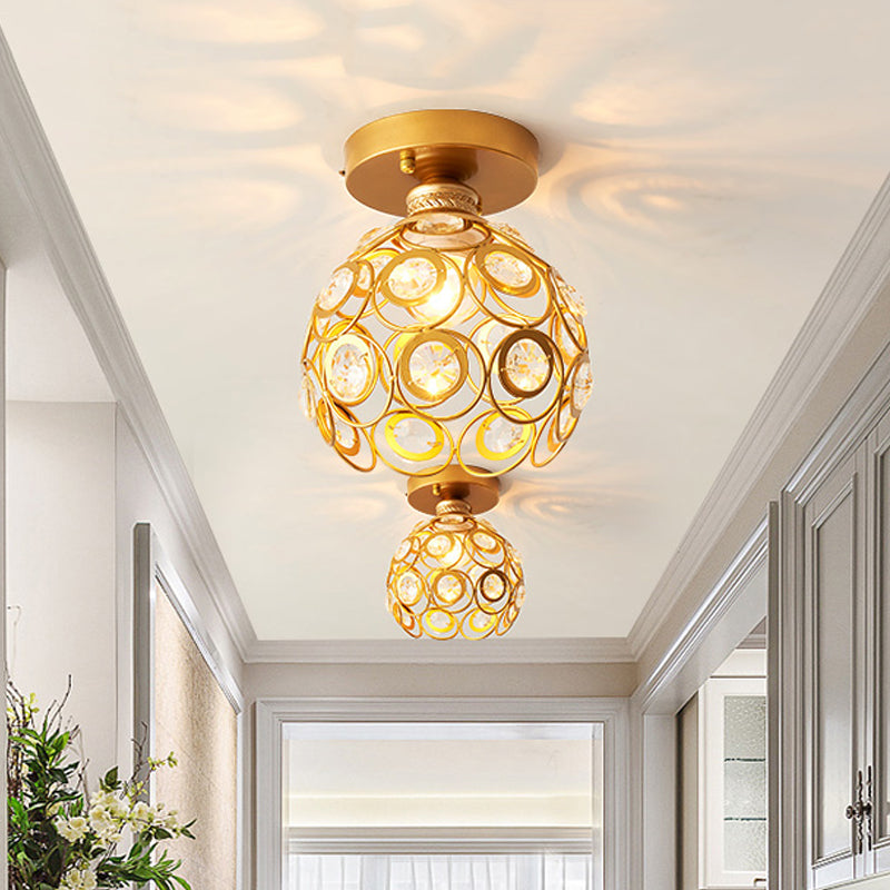 Modern Brass Dome Ceiling Light with Crystal Accent - 1-Light Semi Flush Mount