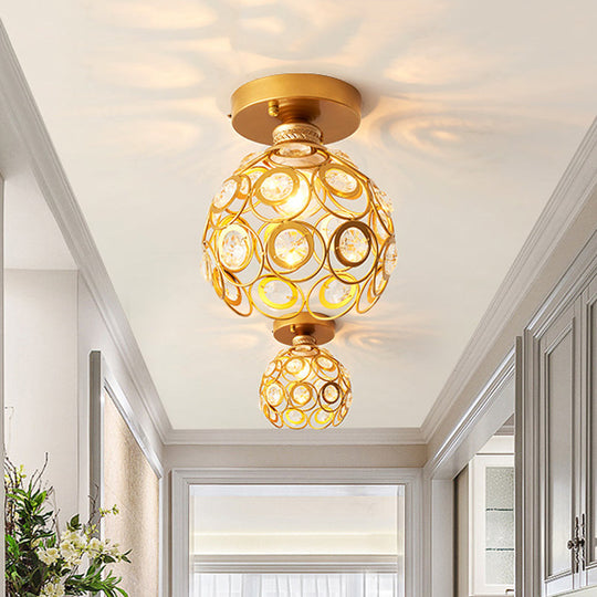 Modern Brass Dome Ceiling Light with Crystal Accent - 1-Light Semi Flush Mount