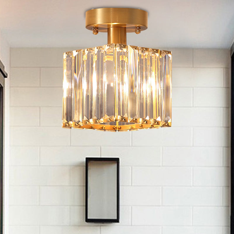 Modern Brass Semi Flush Mount Light with Crystal Shade - 1-Light Corridor Ceiling Mount