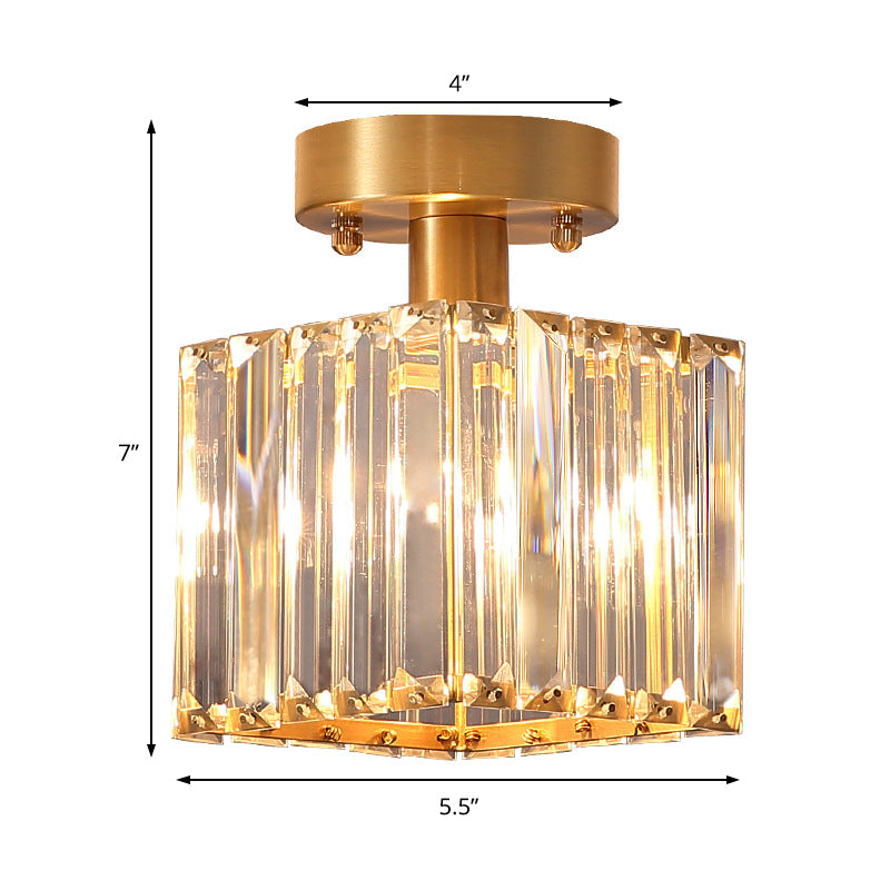 Modern Brass Semi Flush Mount Light with Crystal Shade - 1-Light Corridor Ceiling Mount