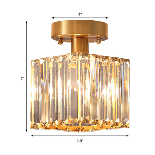 Modern Brass Semi Flush Mount Light with Crystal Shade - 1-Light Corridor Ceiling Mount