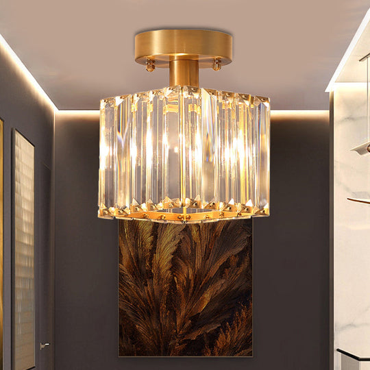 Modern Brass Semi Flush Mount Light with Crystal Shade - 1-Light Corridor Ceiling Mount