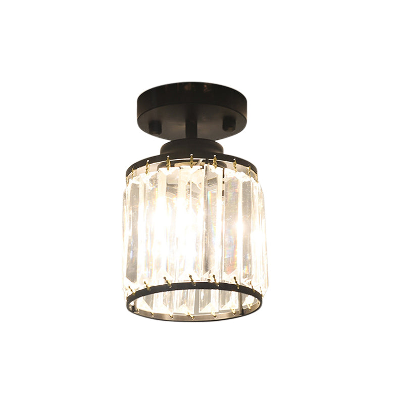 Contemporary Gold/Black Semi Flush Ceiling Light with Crystal Cylinder Shade