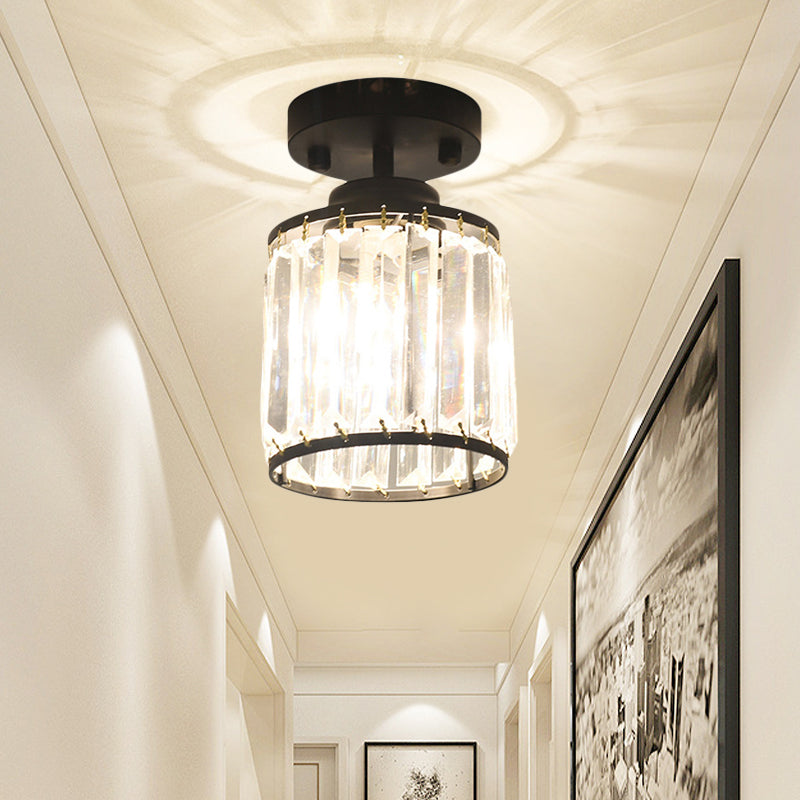 Contemporary Gold/Black Semi Flush Ceiling Light with Crystal Cylinder Shade