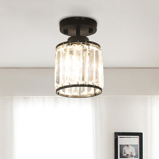 Contemporary Gold/Black Semi Flush Ceiling Light with Crystal Cylinder Shade