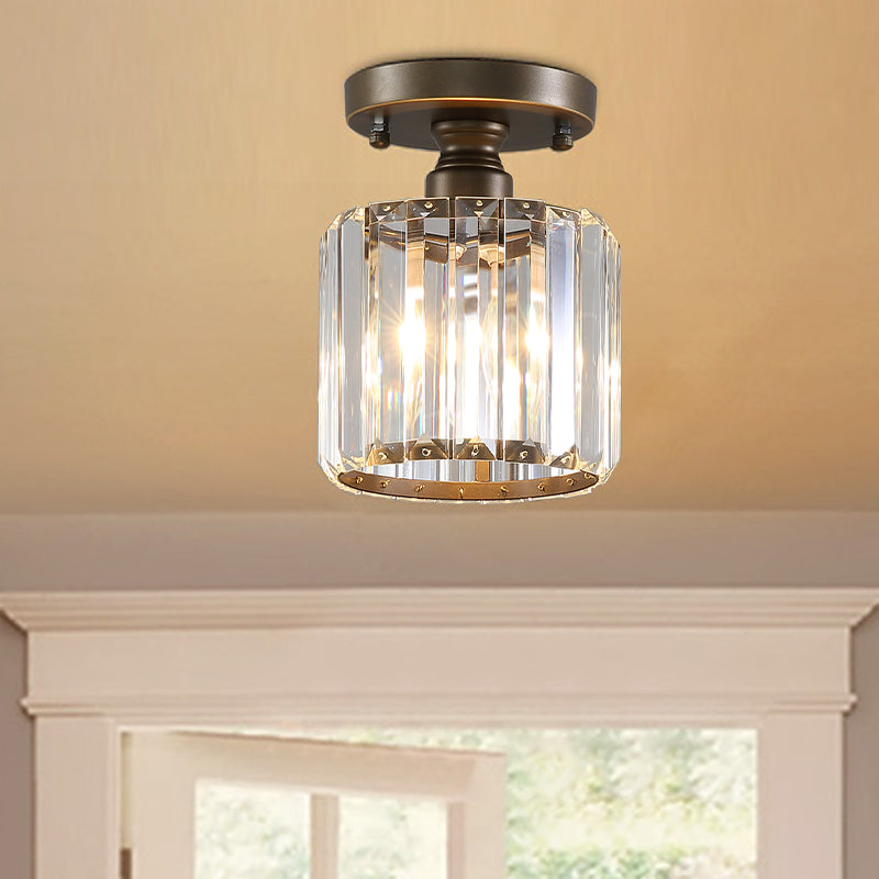 Rustic Brass Semi Flush Mount Ceiling Light with Crystal Shade