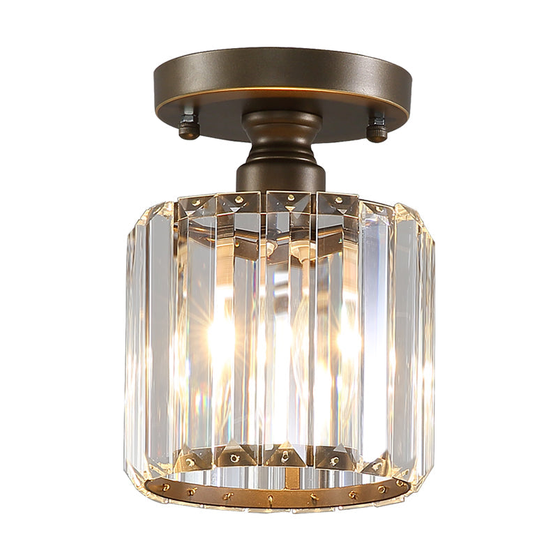 Rustic Brass Semi Flush Mount Ceiling Light with Crystal Shade