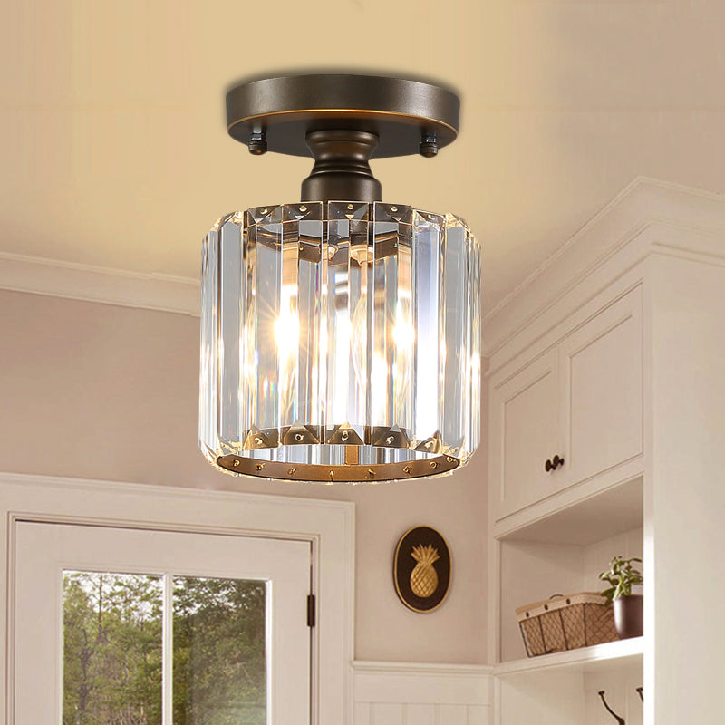 Rustic Brass Semi Flush Mount Ceiling Light with Crystal Shade