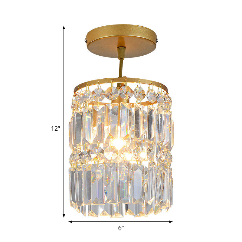 Contemporary Brass Ceiling Lamp with Crystal Cylinder Shade for Hallways