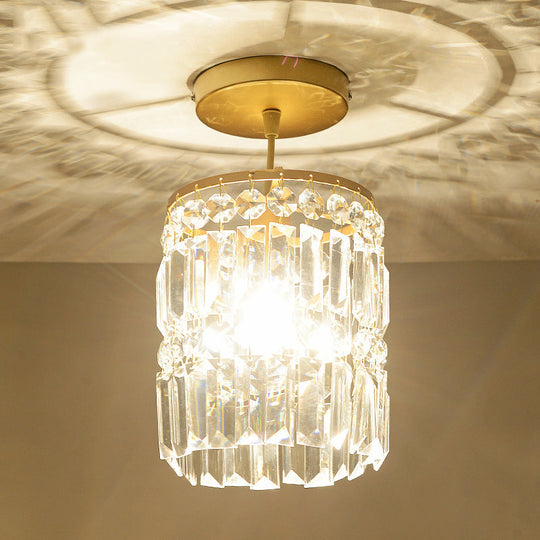 Contemporary Brass Ceiling Lamp with Crystal Cylinder Shade for Hallways