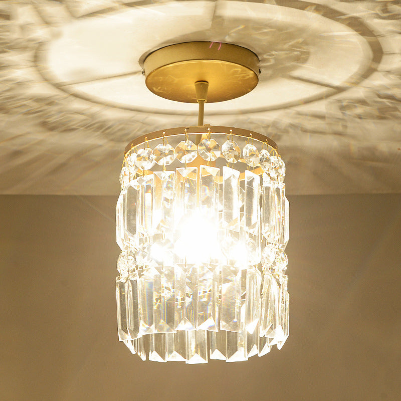 Contemporary Brass Ceiling Lamp With Crystal Cylinder Shade For Hallways