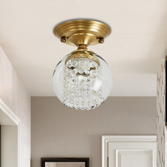 Modern Crystal Strand Clear Glass Ceiling Flush Mount For Hallway 1-Light Brass Fixture