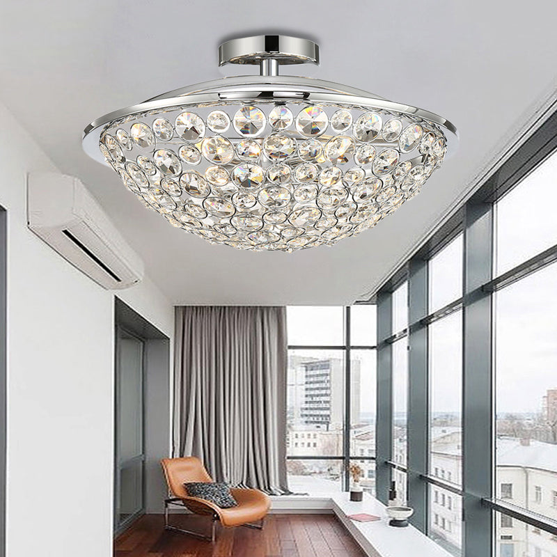 Modern Chrome Dome Ceiling Light with Crystal Accents - Semi Flush Mount for Balcony (3 Lights)