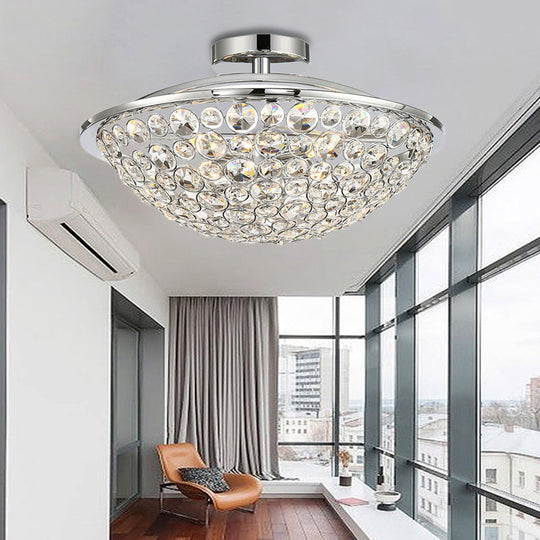 Modern Chrome Dome Ceiling Light with Crystal Accents - Semi Flush Mount for Balcony (3 Lights)