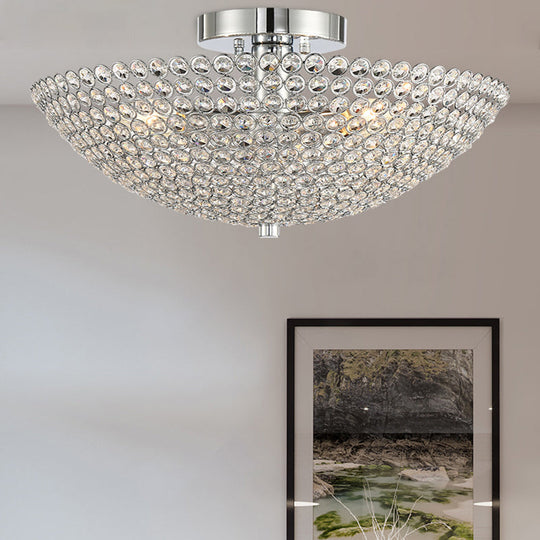 Postmodern Dome Ceiling Light: Metal/Crystal, 3-Light Semi Flush Mount in Chrome - Bedroom Lighting