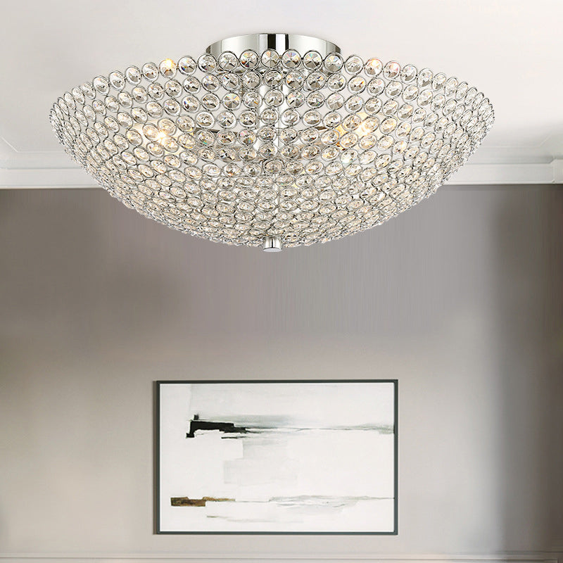 Postmodern Dome Ceiling Light: Metal/Crystal, 3-Light Semi Flush Mount in Chrome - Bedroom Lighting