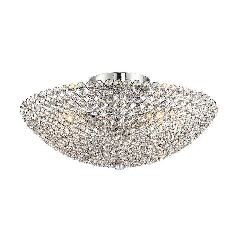 Postmodern Dome Ceiling Light: Metal/Crystal, 3-Light Semi Flush Mount in Chrome - Bedroom Lighting