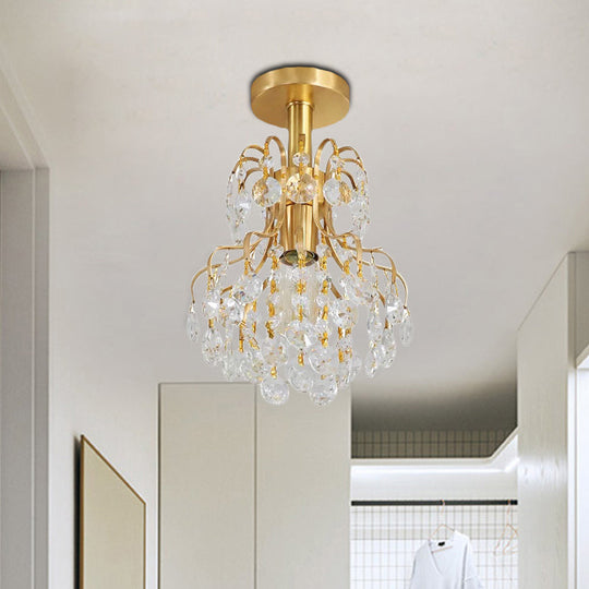 Contemporary Brass Ceiling Light with Bent Arm Frame - 1-Light Semi Flush Mount for Corridors