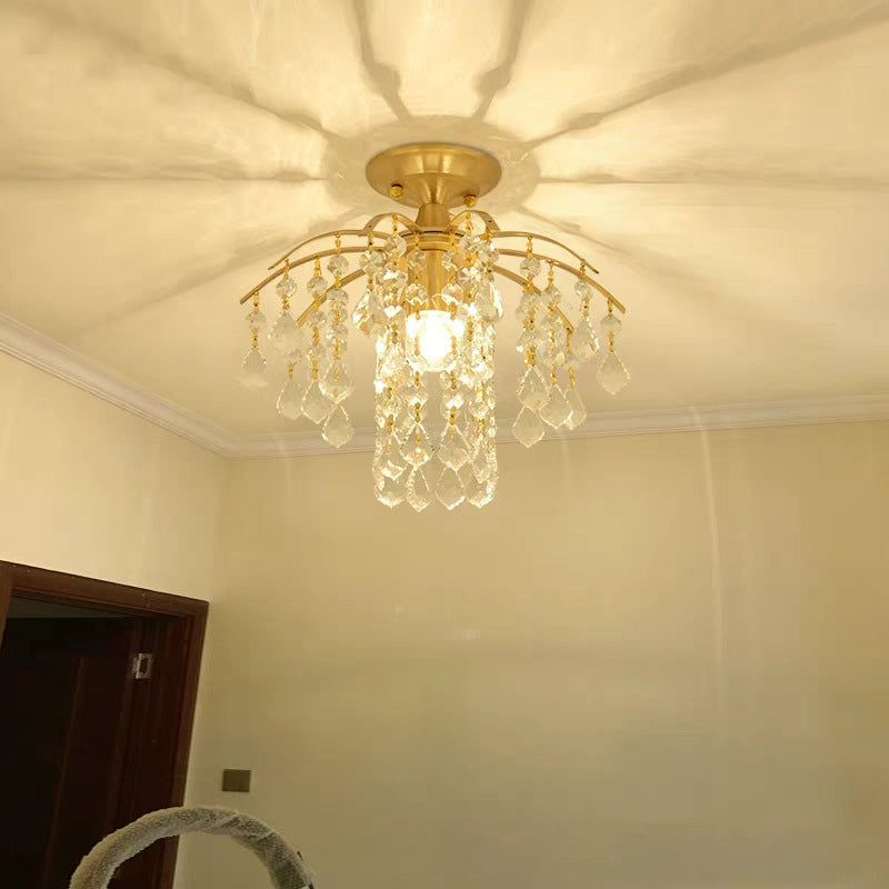 Gold Crystal Semi Flush Mount Ceiling Light with Modern Cascade Design and 1 Light for Corridors