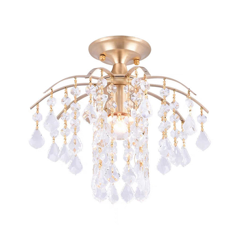 Gold Crystal Semi Flush Mount Ceiling Light with Modern Cascade Design and 1 Light for Corridors