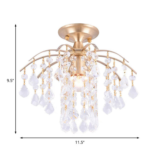 Gold Crystal Semi Flush Mount Ceiling Light with Modern Cascade Design and 1 Light for Corridors