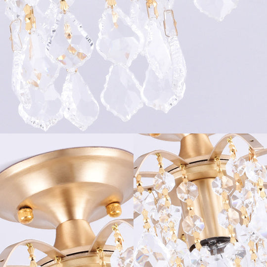 Gold Crystal Semi Flush Mount Ceiling Light with Modern Cascade Design and 1 Light for Corridors