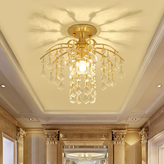 Gold Crystal Semi Flush Mount Ceiling Light with Modern Cascade Design and 1 Light for Corridors