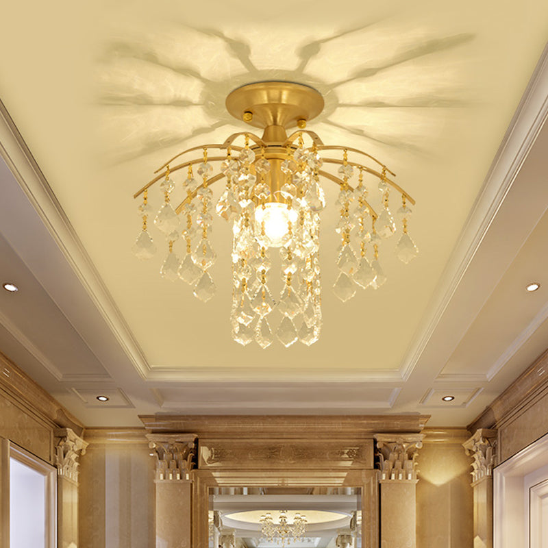 Gold Crystal Semi Flush Mount Ceiling Light With Modern Cascade Design And 1 For Corridors