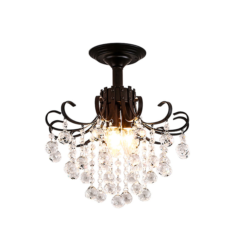 Modern Semi-Flush Mount Ceiling Light with Curve Arm and Faceted Crystal Balls in Gold/Black, Perfect for Corridors