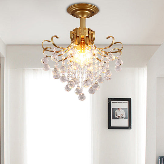 Modern Semi-Flush Mount Ceiling Light with Curve Arm and Faceted Crystal Balls in Gold/Black, Perfect for Corridors