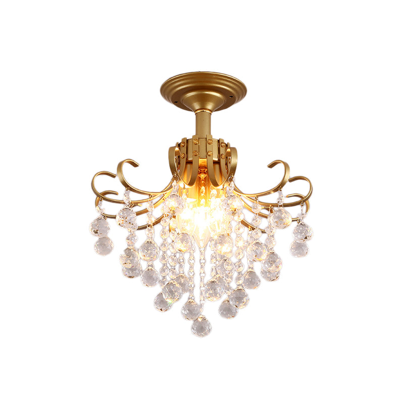 Modern Semi-Flush Mount Ceiling Light with Curve Arm and Faceted Crystal Balls in Gold/Black, Perfect for Corridors