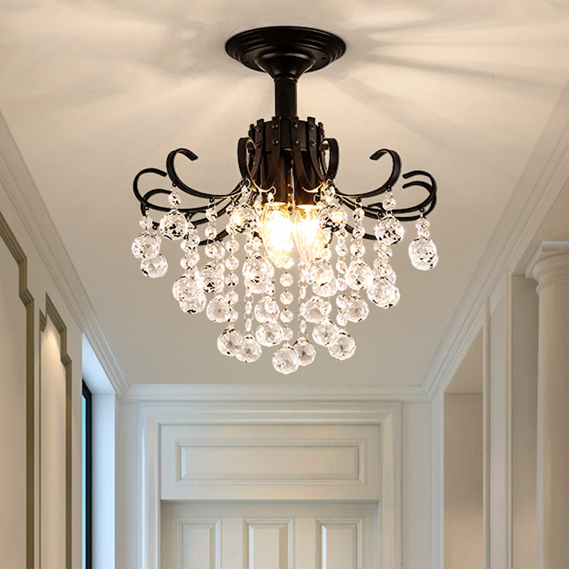 Modern Semi-Flush Mount Ceiling Light with Curve Arm and Faceted Crystal Balls in Gold/Black, Perfect for Corridors