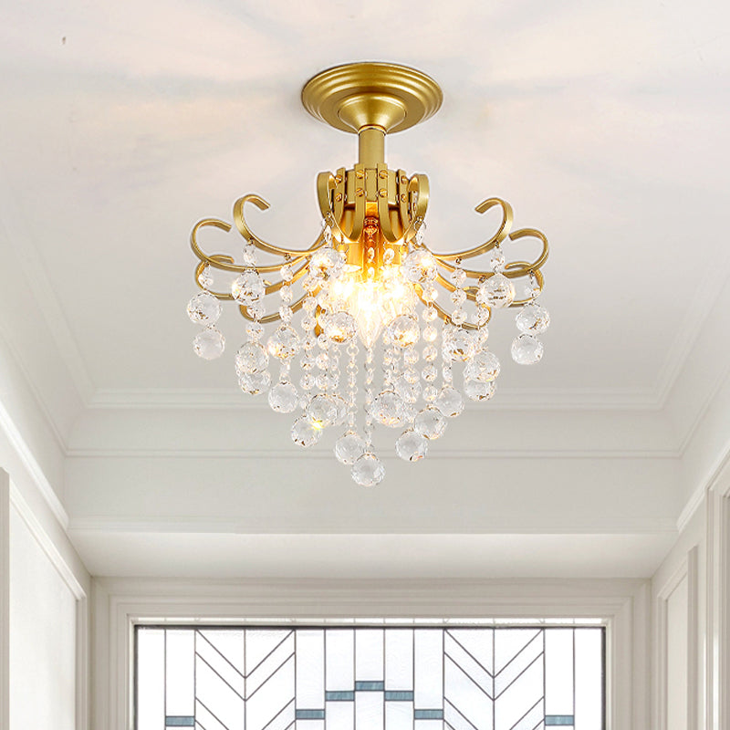 Modern Semi-Flush Mount Ceiling Light with Curve Arm and Faceted Crystal Balls in Gold/Black, Perfect for Corridors