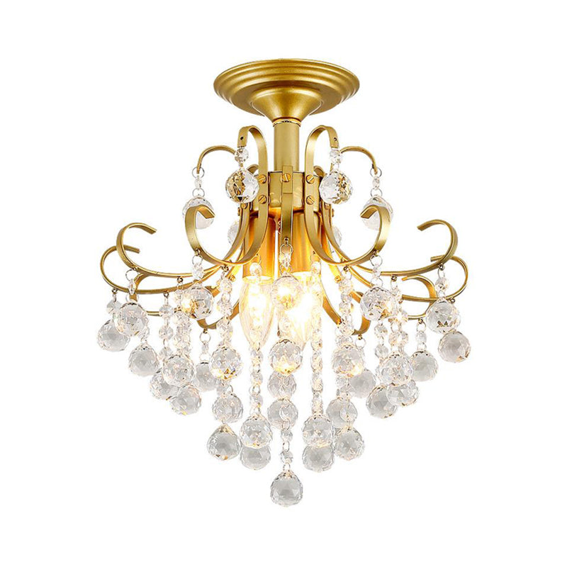 Contemporary Crystal Ball Semi Flush Light With 3 Gold/Black Lights Close To Ceiling