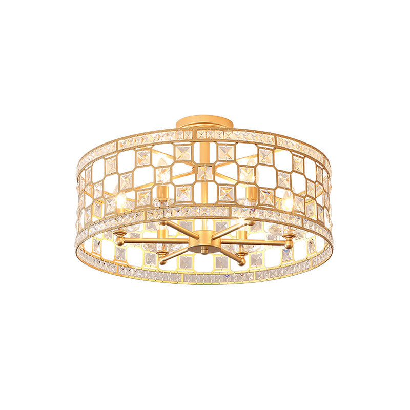 Gold Metal and Crystal Semi Flush Ceiling Light with 3/4/6 Lights, Modern Drum Design in 3 Sizes